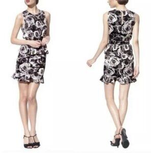 Kate Young Dress 16 Black Ivory Gray Floral Peplum Sheath Washable Faux Silk
